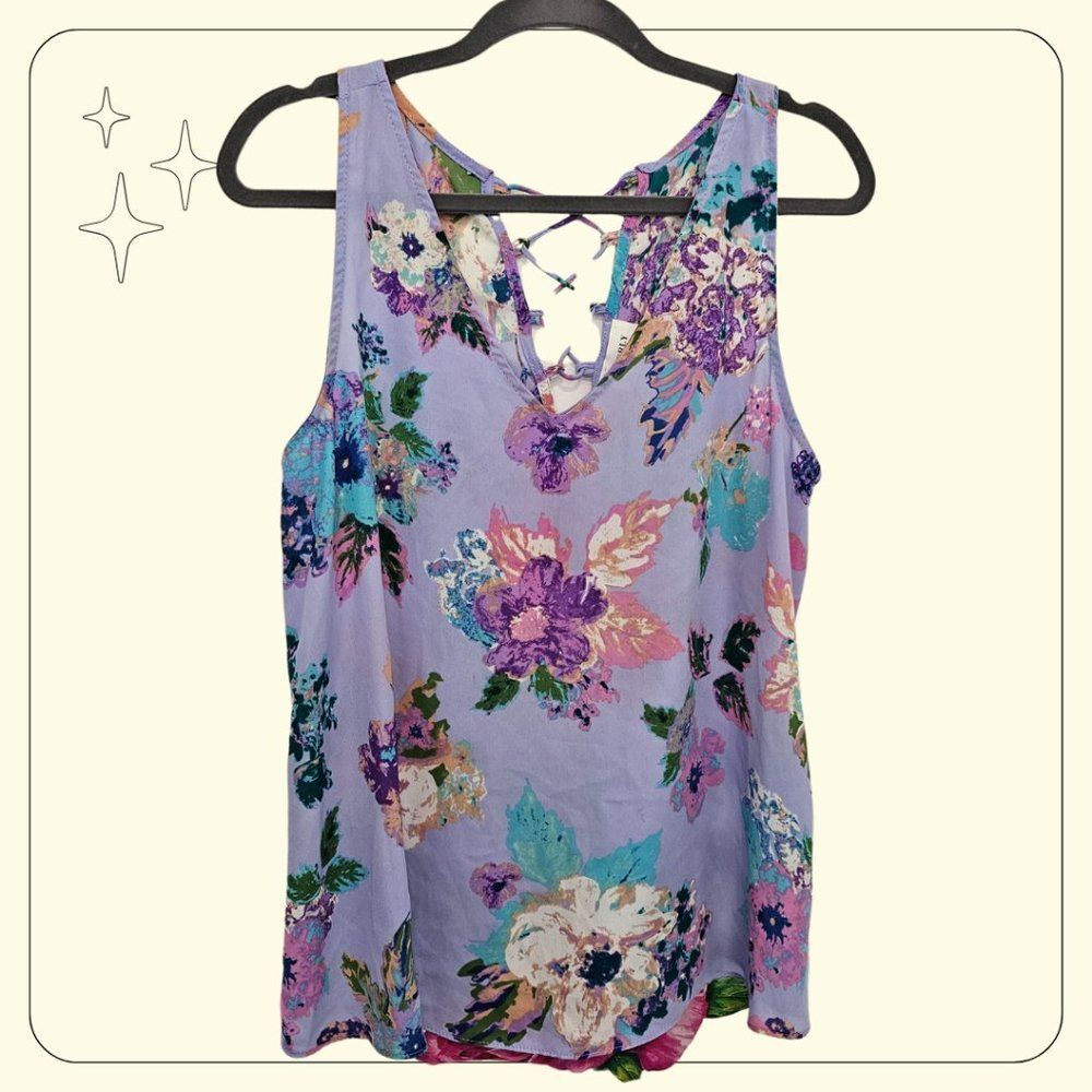 Fairy Feminine Cottage Lilac Floral Sheer Chiffon Tank Lace Back Everly Size L